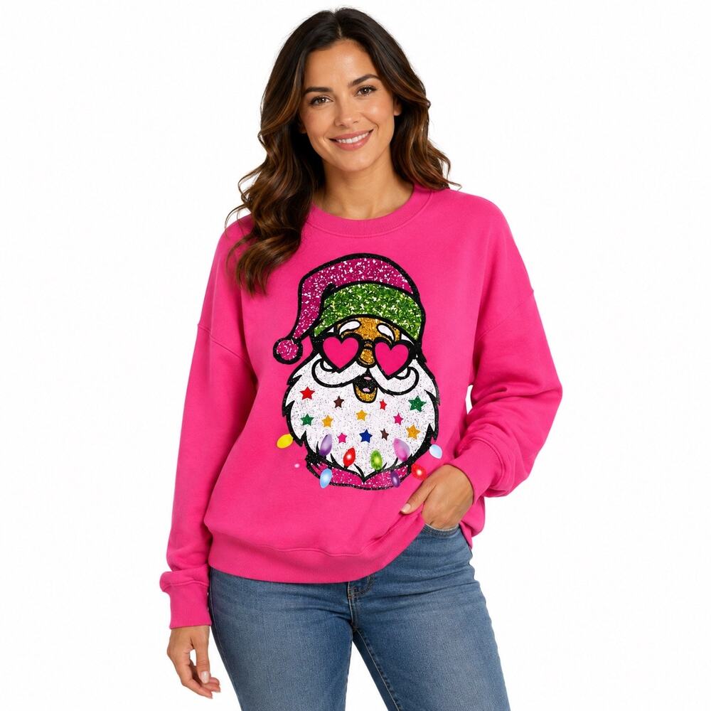 Pink Christmas Santa Graphic Sweatshirt Large Holiday Pullover